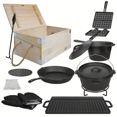 Image de Ensemble de cocottes en fonte - Set de cocottes pour cuisson mijotée - Ensemble de cuisine pour l'extérieur - Ustensiles de cuisine pour le camping