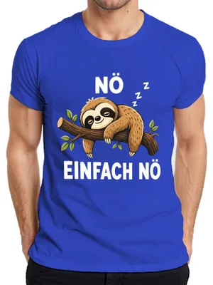 Productafbeelding van Eenvoudig T-shirt met de tekst "Nee", afbeelding van een slapend luiaard, en de woorden "Faulerd", "Statement" en "Sarcasme". Herenmodel, blauw, maat XXL