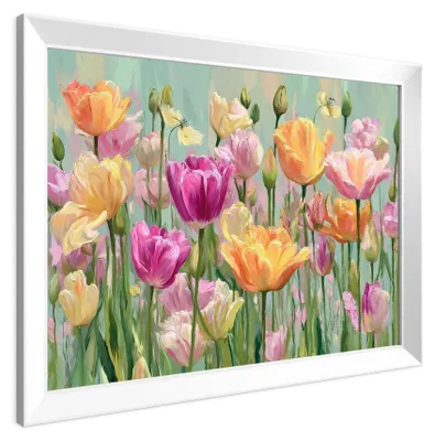 Obrázek produktu pro Obraz na zeď STYLER, rozměry 49x68 cm, motiv: jarní tulipány, obraz tulipánů, květinový motiv, Paříž, rostliny, dekorace na zeď, vhodné do obývacího pokoje nebo ložnice, s rámem