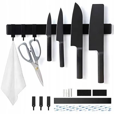 Produktbild von Unyqoos® Magnetische Messerleiste 40 cm, Edelstahl schwarz – starke Magnetkraft bis 3 kg, 3 abnehmbare Haken, Schraub- oder Klebemontage