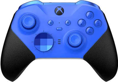 A blue and black Xbox Elite Core controller is shown from a front-facing angle against a white background.