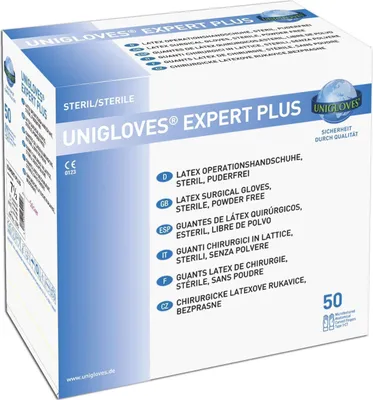 Produktbild von 100 Paar Unigloves Expert Plus Latex - OP-Handschuhe  Gr. 8 - steril - puderfrei - weiß - anatomisch geformt