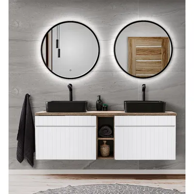 Produktbild von Badmöbel Waschplatz Set in weiß matt mit Vintage Eiche Nb. IRAKLIO-56 Doppel-Waschtisch mit 2 Keramik Waschbecken, 2 LED Spiegel, B/H/T: ca. 140,4/200/46 cm