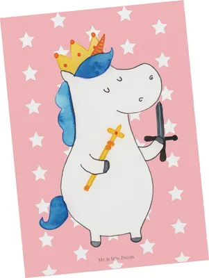 Produktbild von Mr. & Mrs. Panda Postkarte Einhorn König mit Schwert - Rot Pastell - Geschenk, Einhörner, bildkarte, Unicorn, Ansichtskarten, Postkarten, Grußkarte, Fotokarte, Ritter