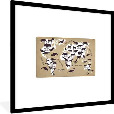 Produktbild von MuchoWow® MuchoWow® Gerahmtes Poster Weltkarte Kinder - Weiß - Tiere 40x40 cm - Poster mit zchwarzem Bilderrahmen - Poster - Plakat im Rahmen
