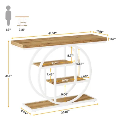 Obrázok produktu pre Konzolový stolík Tribesigns 105 cm, 4-poschodový rozkladací stolík v industriálnom štýle s okrúhlou podstavou, vyrobený z dreva, s policami na vstupe, hnedo-biely