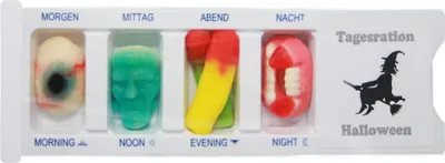 Zdjęcie produktu dla Pudełko na tabletki Halloweenowa wiedźma wypełniona owocowymi żelkami 25g