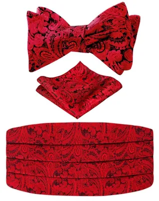 Immagine prodotto di Set da uomo per matrimoni, completo di papillon, fascia e fazzoletto da taschino, motivo paisley, color borgogna, in poliestere