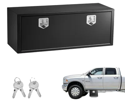 Image de Boîte à outils VEVOR pour le dessous de camion, 609 x 305 x 356 mm, coffre de rangement en acier robuste pour remorques, avec serrure et clés, étanche. Coffre de rangement pour remorques, idéal pour organiser le chargement, avec poignée en T, pour camions, fourgonnettes, SUV, de couleur noire