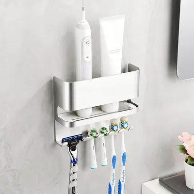Image de Support pour brosses à dents en acier inoxydable 304, adhésif, pour fixation murale, argenté, pour 4 têtes de brosses et 1 rasoir