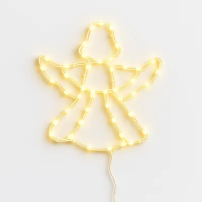 A lit-up angel silhouette made of wire and LED lights against a white background.