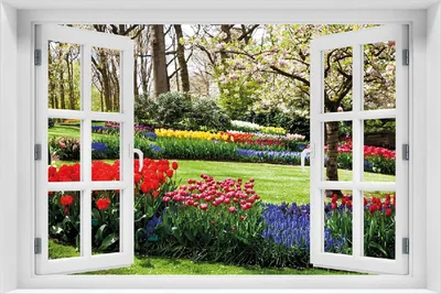 Produktbild von Wallario Poster mit Fenster-Illusion: Bunte Blumen und Kirsch-Baum im Park blühen im Frühling, Größe: 100 x 150 cm