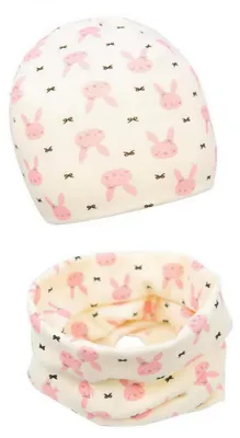 Produktbild von Baby Mädchen Beanie Mütze + Schlauchschal 2er Set Baumwolle 49-53 Kaninchen Motiv