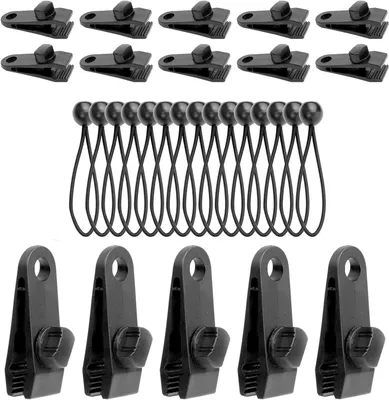 Produktbild von 15 Klemmen + 15 elastische Spanner (15 cm), multifunktionales Set für Planen, Zelte und Markisen