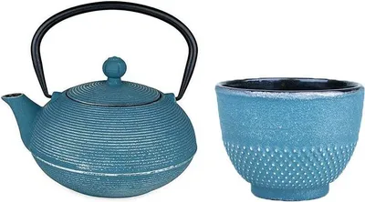 Image de Théière en fonte bleue Asagao 0.9 L + tasse en fonte bleue et argentée
