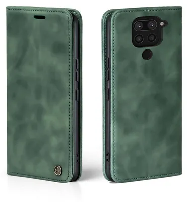 A green flip cover phone case for a Xiaomi Redmi Note 9 is shown from two angles.