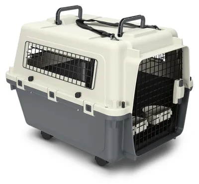Produktbild von Peviasot Hundetransportbox 67,3 x 54,9 x 51,5 cm bis 17,5 kg mit 4 Rollen, Metalltür, Lüftungsgittern, Bodengitter, 2 Näpfen und Tragegurt, Grau Weiß