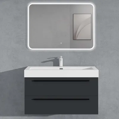 Image de doporro Meuble de Salle de Bains Gris Noir Mat Ensemble de 3 Pièces Meuble Suspendu avec Lavabo 100 cm et Miroir LED Design Quadratto