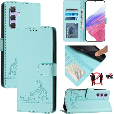 Produktbild von Leder Hülle für Samsung Galaxy A54 5G Süße Katze Flip Case Brieftasche Schutzhülle mit Standfunktion hellgrün