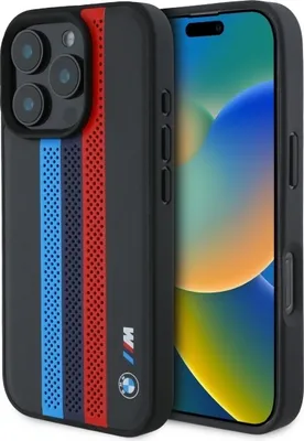 Produktbild von BMW BMHMP16L23PUPTK iPhone 16 Pro 6.3" schwarz hardcase M Perf. Tricolor Printed Stripes MagSafe Schutzhülle