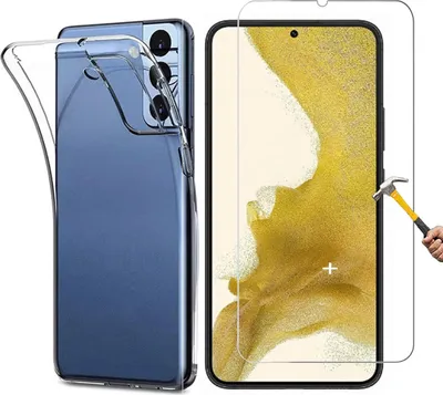 A clear protective case and screen protector for a Samsung Galaxy S22 Plus phone are displayed.