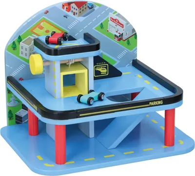 Produktbild von Holz-Spielzeug, Parkdeck mit Aufzug, 2 Autos, 2 Etagen plus Hubschrauberlandeplatz, Holz