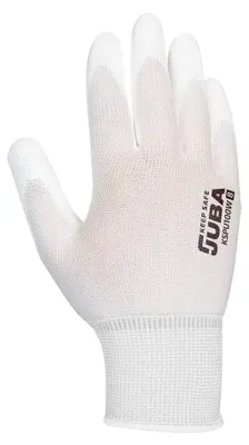 Image de 12 gants de sécurité avec paume en polyuréthane, de couleur blanche, modèle T9. Marque : Juba