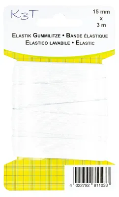 Gummilitze, 15 mm x 3 m, Weiß, elastisch, waschbar bis 95 °C