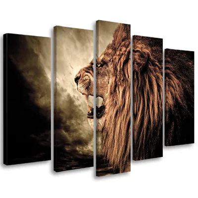 Produktbild von 5-teiliges leinwandbild löwe afrika tiere natur 150x100 cm Feeby orange wandbild bereit zum aufhängen