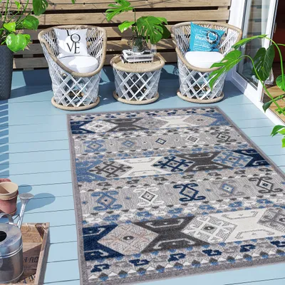 Produktbild von Carpeto Rugs Boho In- & Outdoor Teppich Wetterfest für Balkon, Terasse - Balkon Teppich Wasserfest - Outdoorteppich Wetterfest - Aussenteppich Terrasse Groß - Grau Blau - 120 x 170 cm