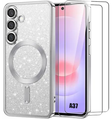 Image de Coque + 2 Verres Trempés pour Samsung Galaxy A37 5G, Silicone avec Cercle Magnétique - Argenté