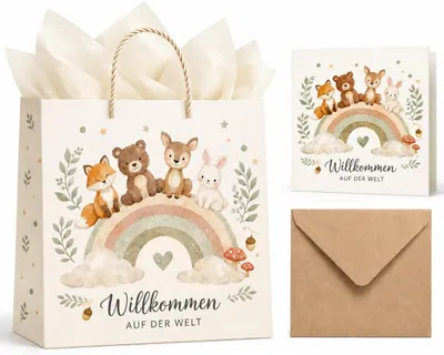 Produktbild von Geschenktüte 26x22x10 cm, Regenbogen Waldtiere, mit Grußkarte und Seidenpapier, für Babyparty