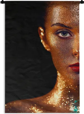 Produktbild von MuchoWow® Wandteppich Wandbehang Make-up - Gold - Frau - Luxus - Glitzer - Kunst 60x90 cm Tapisserie Dekoration Wandtuch - Foto-Teppich - Abwaschbar