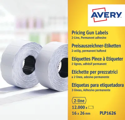 Produktbild von Avery Zweckform PLP1626, Preisauszeichner-Etiketten, 2-zeilig, 26 x 16 mm, 12.000 Etiketten / 10 Rollen, weiß