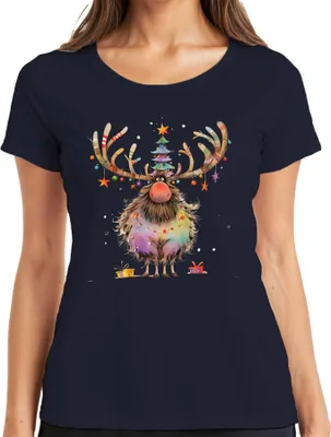 Produktbild von Lustiges Weihnachtsrentier Geweih Weihnachtsbaum Lichterkette Damen T-Shirt, Navy, L
