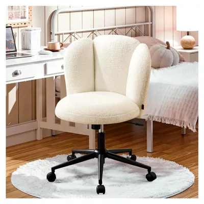 Produktbild von Homeoffice Stuhl Schminkstuhl, Schreibtischstuhl mit Blütenblatt-Rückenlehne, 360° drehbar, höhenverstellbar aus Boucé Stoff für Homeoffice, Arbeitszimmer, Schlafzimmer, Weiß