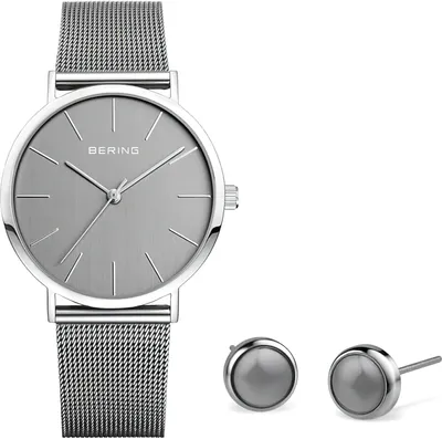 Produktbild von BERING Damen Set mit Analog Quarz Armbanduhr und Ohrringen Grau 13436-309-GWP