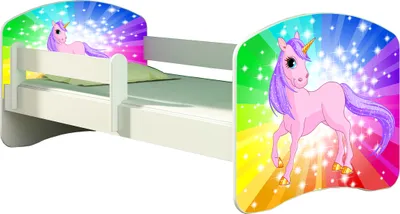 Image de ACMA lit d'adolescent lit d'enfant lit junior set complet avec matelas sommier à lattes et protection antichute blanc 18 poney arc-en-ciel 140x70