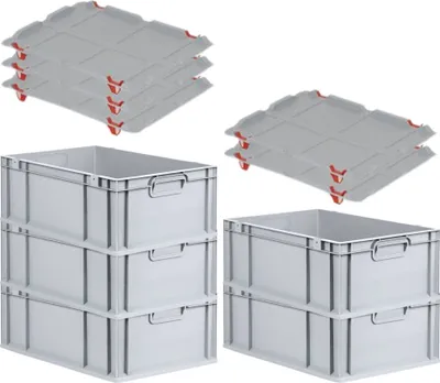 Produktbild von SparSet 5x Eurobox NextGen Grip mit Auflagedeckel inkl. 4 roten Schiebeschnappverschlüssen | HxBxT 22x40x60cm | 44 Liter | Grau | Griffe geschlossen | Verstärkter Boden | Eurobehälter, Transportbox, Transportbehälter, Stapelbehälter