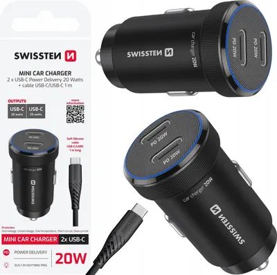 Zdjęcie produktu dla Ładowarka Samochodowa 2x Usb-c Pd + Kabel Usb-c 1m Swissten