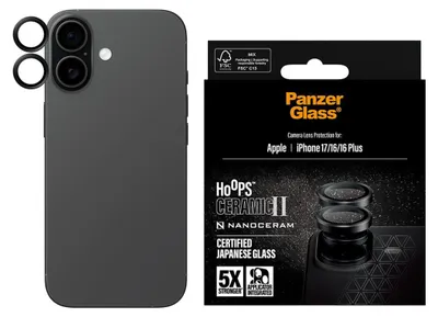 Produktbild von PanzerGlass ® Hoops® Ceramic II Kameraschutz iPhone 17 | iPhone 16 | 16 Plus, Apple, Apple - iPhone 17, Apple - iPhone 16, Apple - iPhone 16 Plus, Trockene Anwendung, Kratzresistent, Schockresistent, Schwarz, 1 Stück(e)