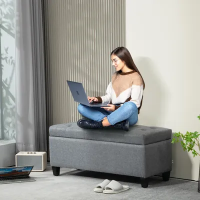 Produktbild von Sitzbank mit Stauraum, Polsterbank Aufbewahrungsbank, leinenartiger Polyester, Hellgrau | 100 x 40 x 44 cm | Kautschukholzbeine | Knopfsteppung