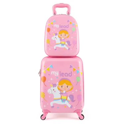 Immagine prodotto di COSTWAY 2 pezzi valigia per bambini + zaino, trolley per bambini in plastica, valigie per bambini, set di valigie per bambini, valigie da viaggio a guscio duro, rosa