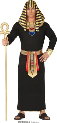 A man dressed in a black Egyptian pharaoh costume holding a golden staff.