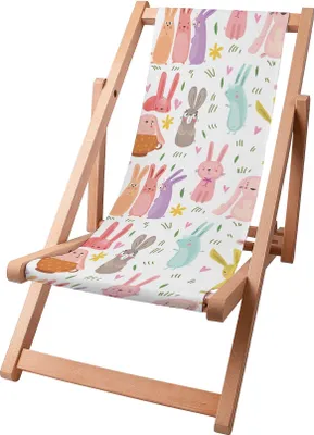 Immagine prodotto di Sdraio per bambini Dreamroots pieghevole in legno, fino a 130 kg, sdraio pieghevole con regolazione dell'inclinazione dello schienale in 3 fasi, conigli colorati