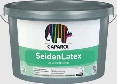 A bucket of Caparol SeidenLatex paint.