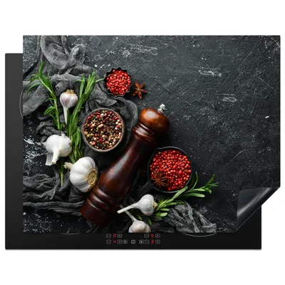 Produktbild von KitchenYeah© Herdabdeckplatte Kräuter - Paprika - Knoblauch - Beton , 77x59cm, Küche Deko, Glaskeramikkochfeld Herdabdeckung, Abdeckplatte fùr Kochfeld