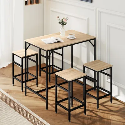 Produktbild von Bartisch-Set 5-teilig Eiche Industrial, Stehtisch & 4 Hocker MDF Stahl, einschiebbare Hocker Fußstütze | 100 x 60 x 88 cm | 24,3 kg | 4 Personen