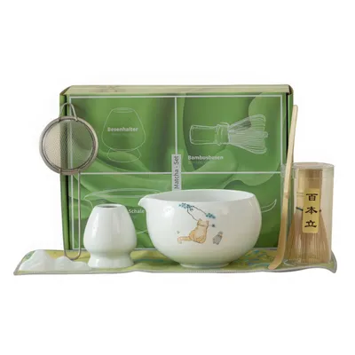 Produktbild von Matcha Teeschale Set,7-teilig, Keramik Schale 600ml, Bambus Chasen und Löffel, Sieb, Halter und Zubehör,Weiß