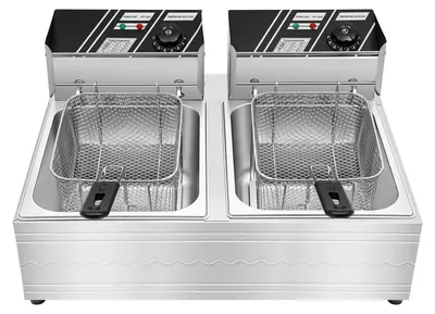 Produktbild von Elektrische Fritteuse 12 l - EF-82 - Doppeltank mit 2 Körben - Gewerbliche Tischfritteuse - Edelstahl - Einstellbarer Thermostat - 220V EU-Stecker, silber